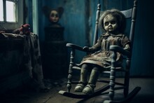 Haunted Doll Sitting In An Old Rocking Chair. Halloween Horror Background