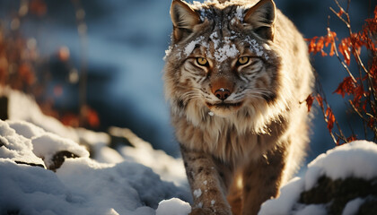 Sticker - Majestic bobcat in winter forest, looking at camera generated by AI