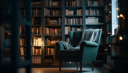 Poster - Indoor library with modern bookshelf, comfortable armchair for reading generated by AI