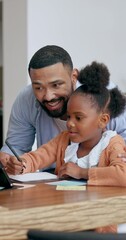 Canvas Print - Tablet, education and a father helping his daughter to study in the dining room of their home together. Technology, learning and child development with a man teaching his girl during homework