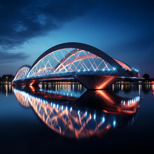 Modern Bridge With Reflections In The Calm Water Below.