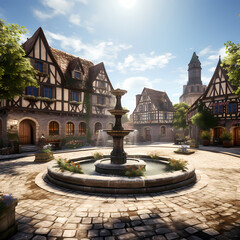 Wall Mural - Peaceful village square with a quaint fountain