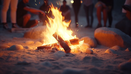 Canvas Print - Men and women gather for a glowing campfire barbecue celebration generated by AI