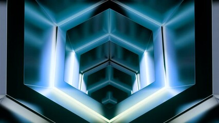 Poster - Movement in 3D tunnel with glowing metal walls. Design. Geometric tunnel with metallic texture and luminous reflections. Movement and immersion in cyberspace of tunnel