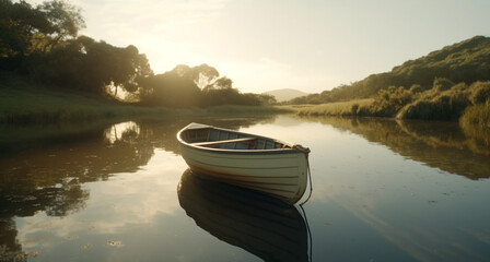 Poster - Tranquil sunset on the pond, rowboat glides through reflection generated by AI