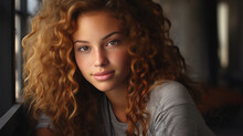 Indoor Portrait Of A Young Teen Model With Curley Auburn Hair Posing By Window Light. Flawless Complexion. Hair And Skin Care. Closeup Portrait.