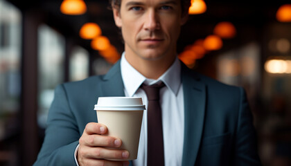 Wall Mural - Confident businessman holding coffee cup, looking at camera generated by AI