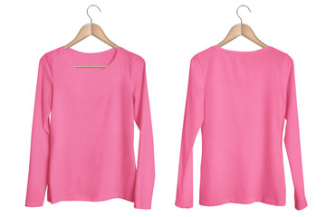 Wall Mural - Blank Template Hanging Charity Pink Woman Round Neck Long Sleeve T-shirt Mockup