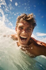 Canvas Print - a happy young man enjoying surfing against the backdrop of a blue sea. generative AI