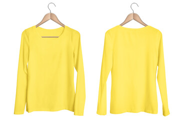 Wall Mural - Blank Template Hanging Yellow Woman Round Neck Long Sleeve T-shirt Mockup