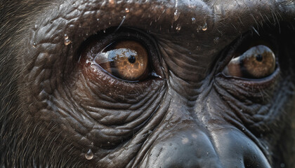 Poster - Young primate staring at camera with sad animal eyes in Africa generated by AI