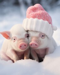 Wall Mural - Two cute little pigs in the snow in a pink hat, winter