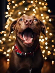 Wall Mural - Portrait of a cute chocolate labrador retriever dog over Christmas lights background.