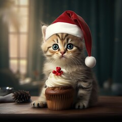 Wall Mural - Cute little kitten with christmas cupcake and santa hat