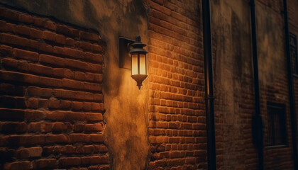 Sticker - Rusty lantern illuminates old brick wall in dark architecture background generated by AI