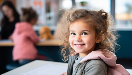 Wall Mural - Smiling girls in classroom, learning and happy generated by AI