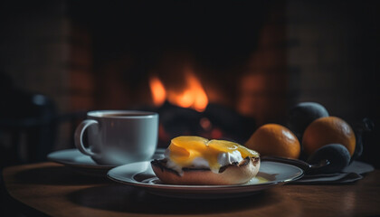 Sticker - Hot coffee and dessert on rustic wood table for cozy relaxation generated by AI