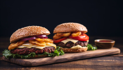 Poster - Grilled beef burger with cheese on ciabatta bread generated by AI