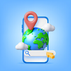 Poster - 3d Globe with Clouds, Search Bar and Location Pin on Phone. Render Planet Earth and Search Frame. Weather, Booking, Transportation, Traveling. Cartography and Geography Earth Day. Vector Illustration
