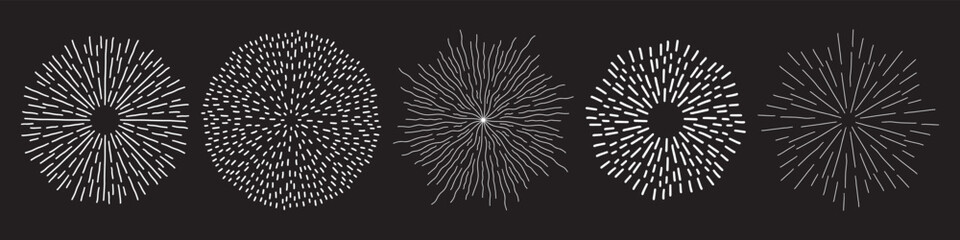 Abstract doodle fireworks set. Hand drawn explosion collection. Sunburst, starburst sparkle with radial lines. 