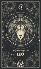 Wall Mural - zodiac sign leo, vertical card for calendar, astrology print, modern mystical hand drawing on black 
