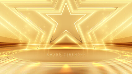 Wall Mural - golden empty stage with star frame elements and neon light effect with bokeh decoration. luxury scen
