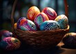 A photorealistic image of a colorful Easter egg basket, captured from a low angle to showcase the