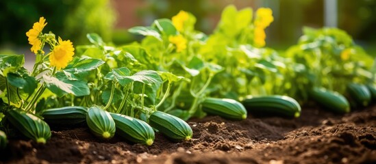 Growing green zucchini plants with young vegetables and yellow flowers on a sunny day. Cultivating squash and vegetable marrow outdoors in garden beds.
