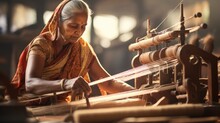 Mature Woman Weaver Uses A Loom To Make A Hand Woven Maheshwari Sari