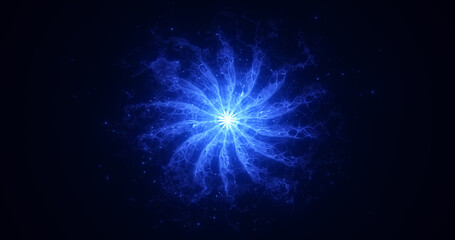 Wall Mural - Abstract glowing blue futuristic energy dust with waves of magical energy particles on a dark blue background