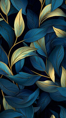 Luxury blue leaf background with golden metal