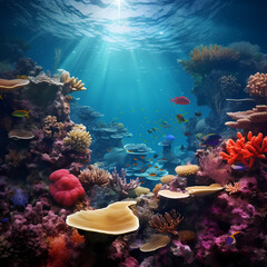 Wall Mural - Underwater scene with schools of exotic fish and vibrant coral reefs