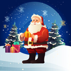 Sticker - santa claus in red costume and hat holding wrapped gift box christmas eve holiday happy new year celebration template