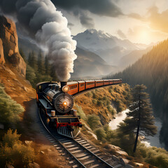 Poster - Vintage steam train chugging through a scenic mountain landscape