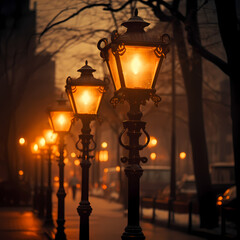 Wall Mural - Vintage street lamps casting an amber glow on a quiet street