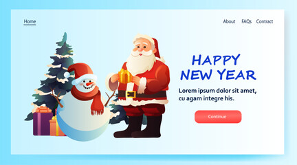 Poster - santa claus in red costume with snowman standing together near decorated fir tree christmas eve holiday happy new year celebration