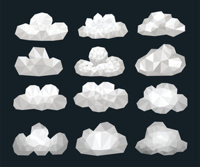 Set of Polygonal Cloud Collection, Abstract stylized geometric low poly cloud, Sky white floating, Geometric polygonal style. 3d low poly. Vector Illustration