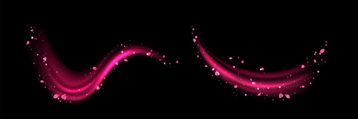 Wall Mural - Set of pink swirls with flower petals isolated on black background. Vector realistic illustration of neon light waves with sakura blossom, magic sparkling particles, perfume aroma trail, love in air