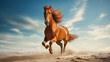 Chestnut horse galloping under blue sky.