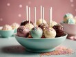 Delicious cake pops decorated with frosting chocolate and sprinkles