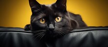 A Black Cat, Its Eyes Yellow, Rests On A Sofa.