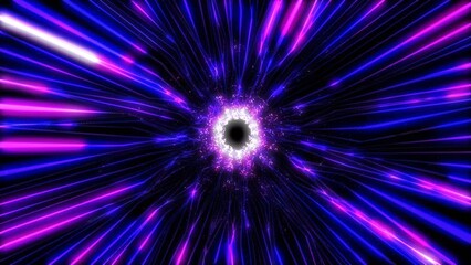 Poster - Beautiful abstract purple tunnel made of futuristic digital stripes and lines glowing with bright magic energy on a black space background. Abstract background