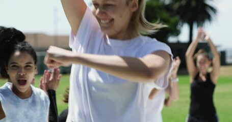 Poster - Sports, women and team high five for winning game, goal celebration or achievement outdoor. Group, hands together and people excited for success, victory or happy champion cheers, clapping or fitness