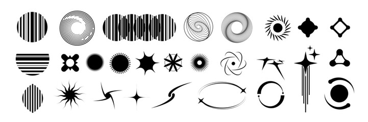 Poster - Retro futuristic black icons set isolated on white background. Vector illustration of star, circle, flash, flower shape symbols, abstract design elements for y2k retro wave poster, vintage banner,
