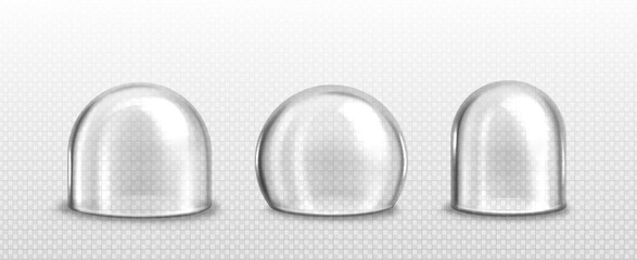 Poster - Glass hemisphere transparent dome. Realistic vector illustration set of plastic protection half globe. Geometric ball to cover showcase or product stand. Empty round clear safety container or jar.