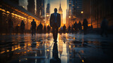 Fototapeta Londyn - Blurred businessman walking in the city telephoto lens morning light , generative ai.