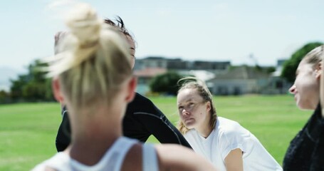 Sticker - Woman, team and soccer captain stretching before match, game or getting ready on green grass field. Female person, mentor or football coach talking in teamwork, collaboration or motivation in warm up