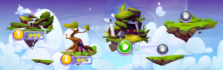 Poster - Game ui level map with floating islands with river and waterfall, green grass and trees and mystical creatures. Cartoon vector illustration of gaming route stages - closed and open with stars score.