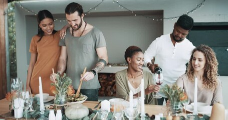 Poster - Friends, red wine and food for holiday, Christmas and home lunch or brunch at dining room table with men helping. Happy people hosting a thanksgiving party with salad dish, alcohol bottle and glasses