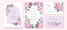 Wedding Invitation Set With Purple Pink Watercolor Floral Frame
